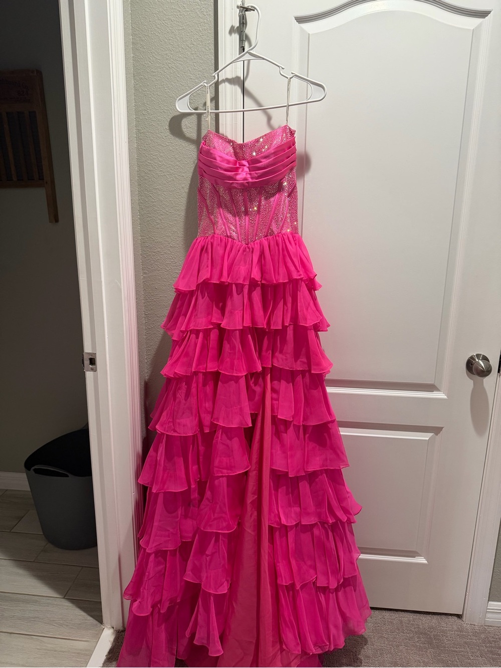 Sherri Hill Hot Pink Ruffled Party Dress with Sparkle Bodice